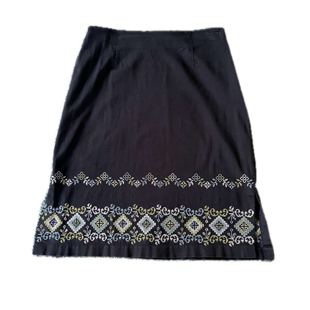 Vintage Ann Taylor Black Embroidered Cotton Stretch Knee Length Skirt Size 2